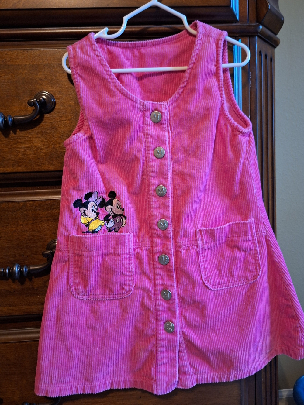 Vintage 5T Pink Corduroy Button-Front Dress with Minnie & Mickey Embroidery
